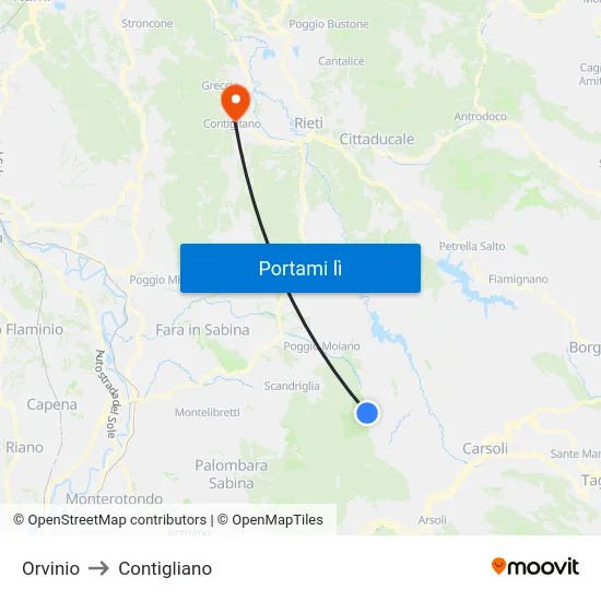 Orvinio to Contigliano map