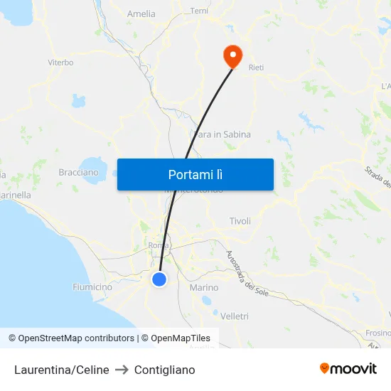 Laurentina/Celine to Contigliano map