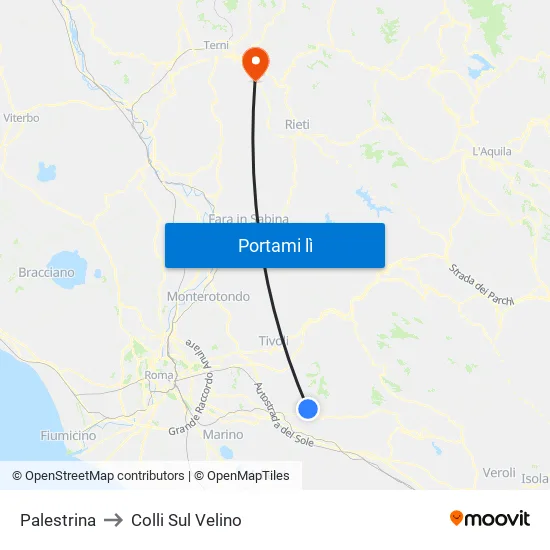 Palestrina to Colli Sul Velino map