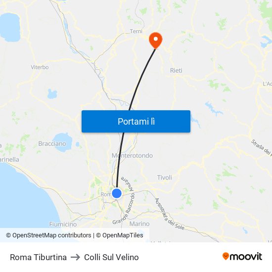 Roma Tiburtina to Colli Sul Velino map