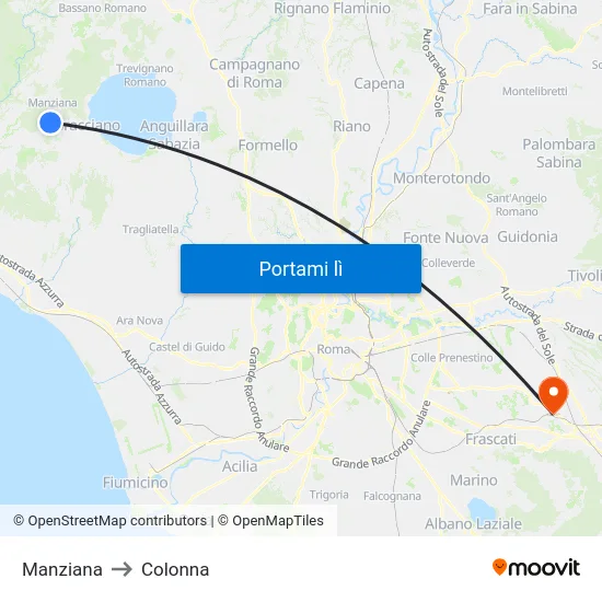 Manziana to Colonna map