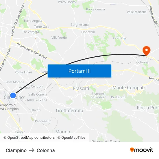 Ciampino to Colonna map