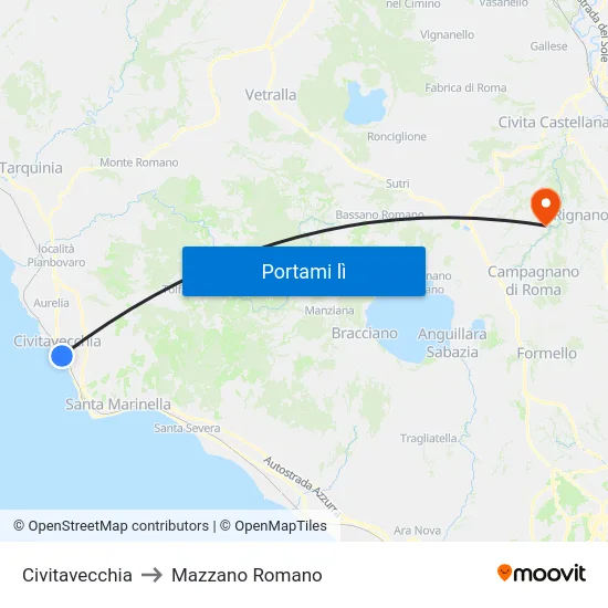 Civitavecchia to Mazzano Romano map