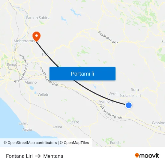 Fontana Liri to Mentana map