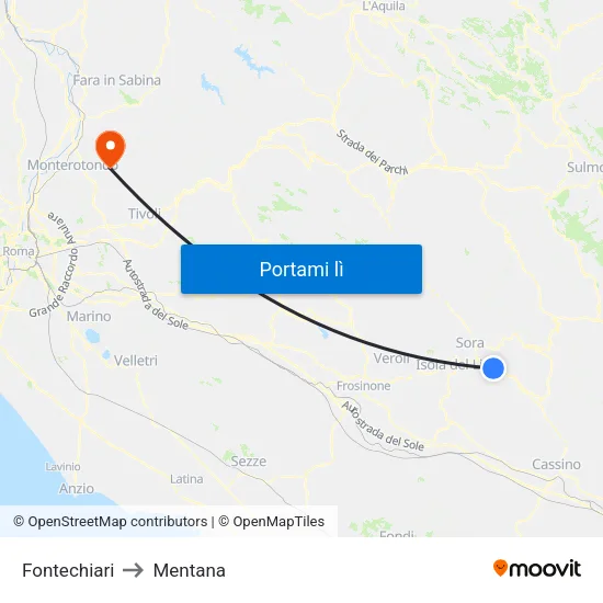 Fontechiari to Mentana map