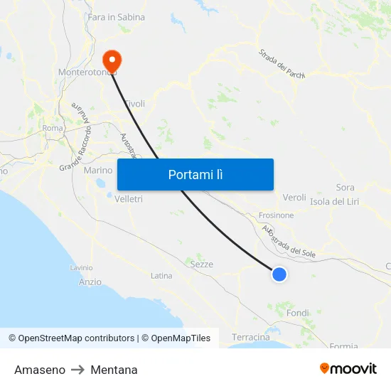 Amaseno to Mentana map