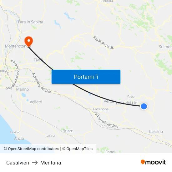 Casalvieri to Mentana map