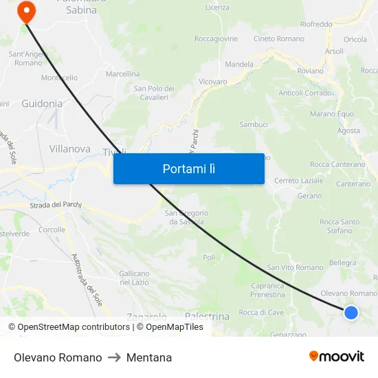 Olevano Romano to Mentana map
