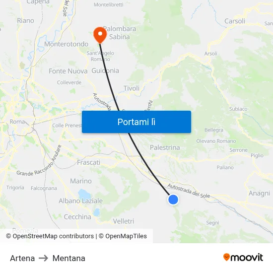 Artena to Mentana map