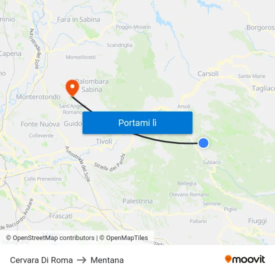 Cervara Di Roma to Mentana map