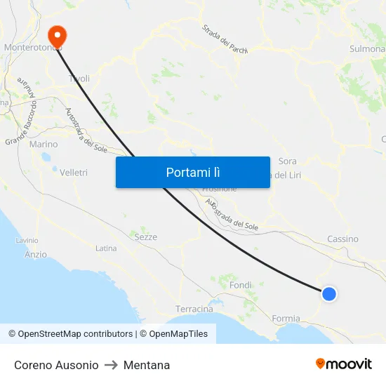 Coreno Ausonio to Mentana map
