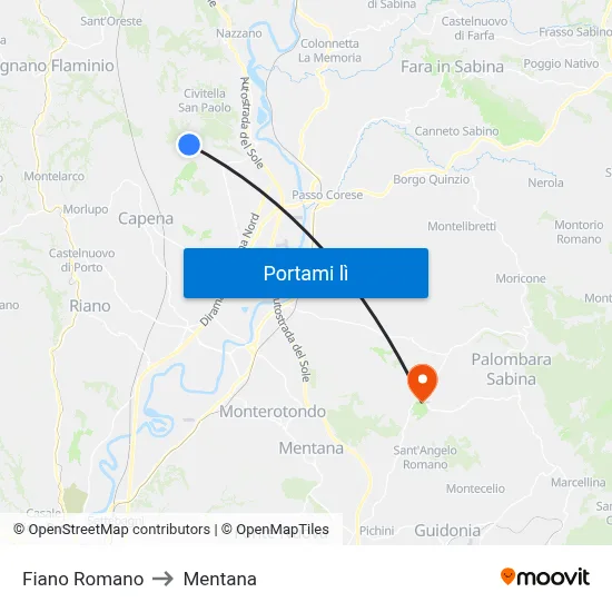Fiano Romano to Mentana map