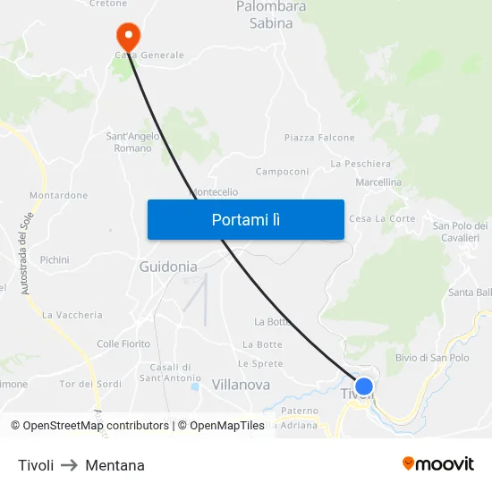 Tivoli to Mentana map
