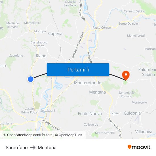 Sacrofano to Mentana map