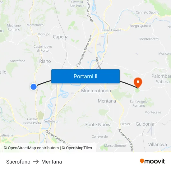 Sacrofano to Mentana map