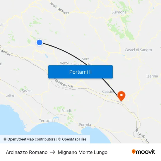 Arcinazzo Romano to Mignano Monte Lungo map