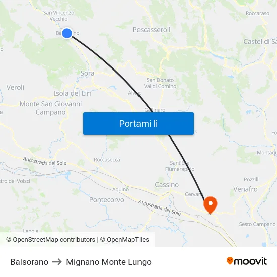 Balsorano to Mignano Monte Lungo map