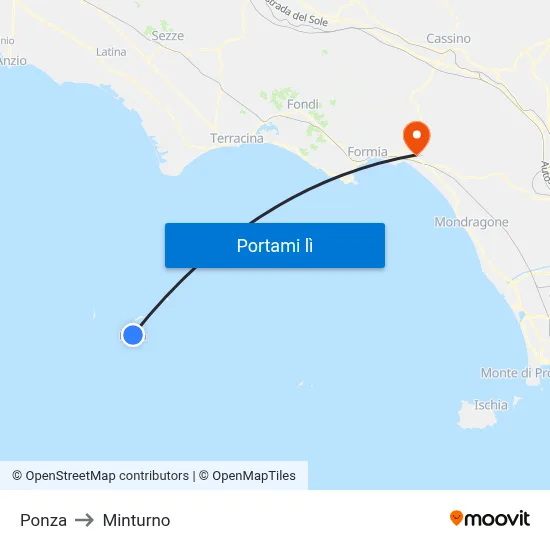 Ponza to Minturno map