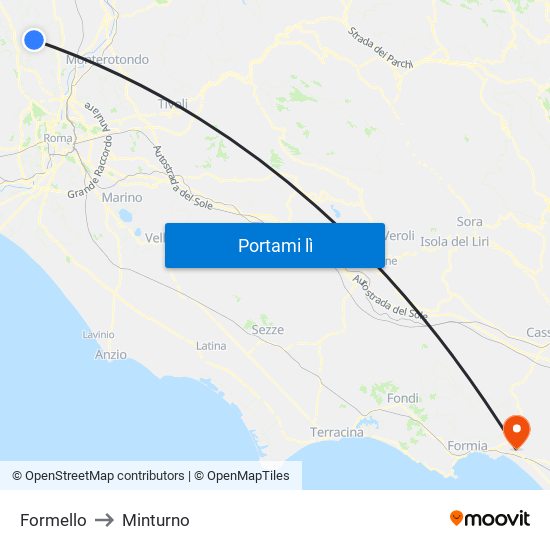 Formello to Minturno map