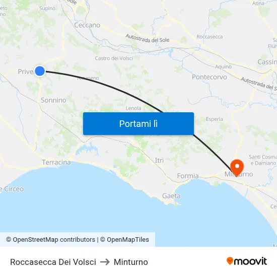 Roccasecca Dei Volsci to Minturno map