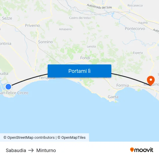 Sabaudia to Minturno map