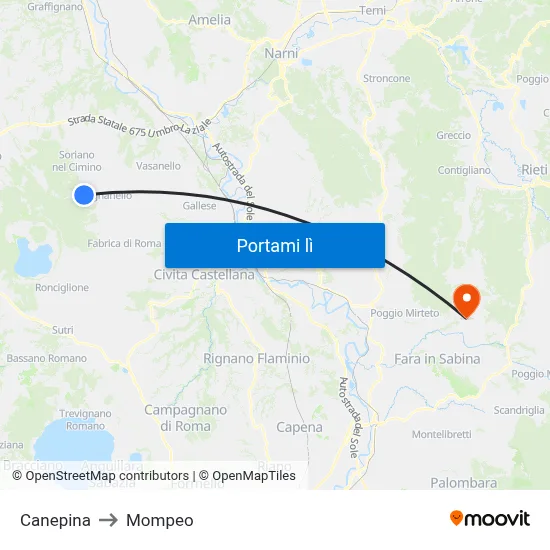 Canepina to Mompeo map