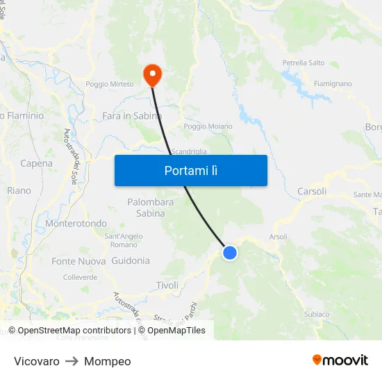 Vicovaro to Mompeo map