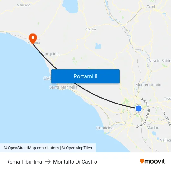 Roma Tiburtina to Montalto Di Castro map