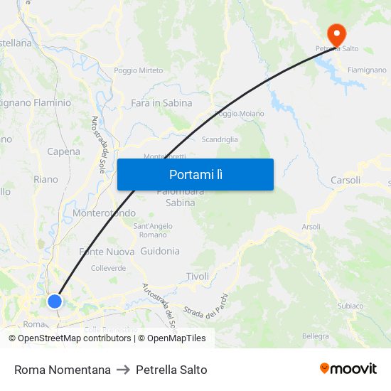 Roma Nomentana to Petrella Salto map