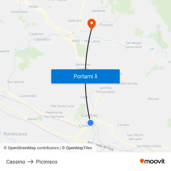 Cassino to Picinisco map