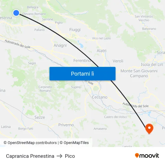 Capranica Prenestina to Pico map