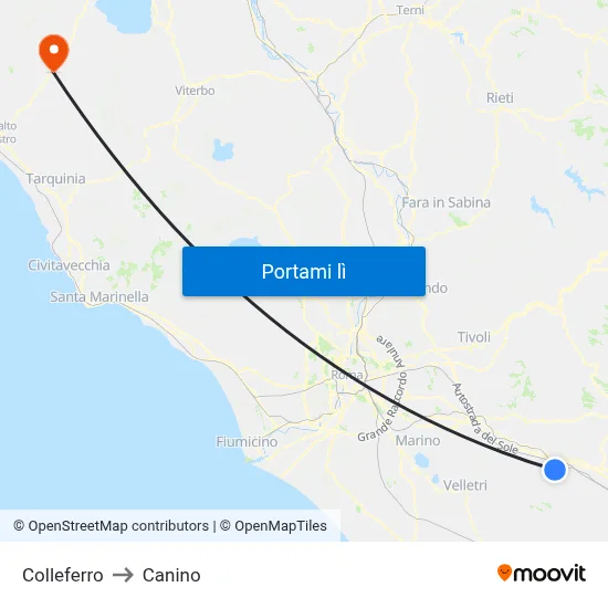 Colleferro to Canino map
