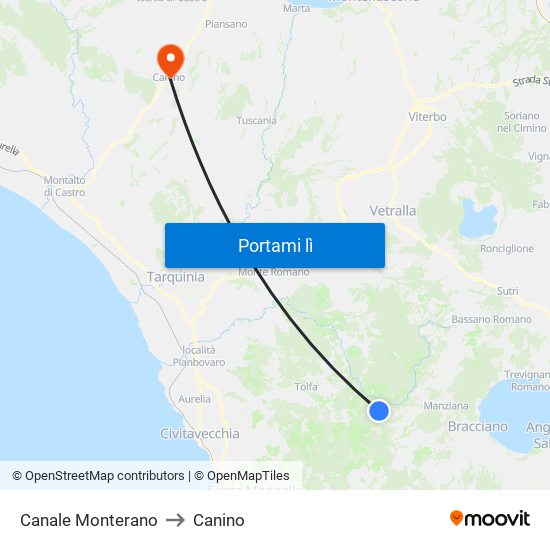 Canale Monterano to Canino map