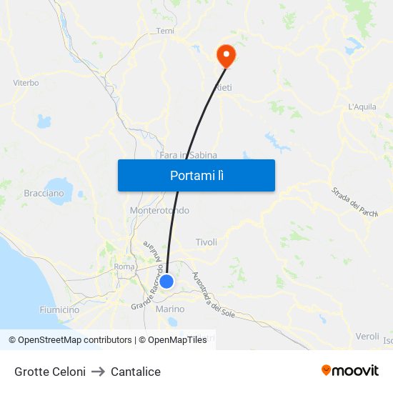 Grotte Celoni to Cantalice map