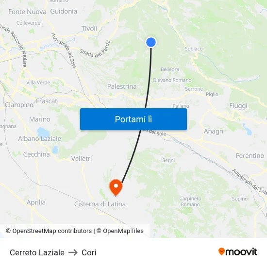 Cerreto Laziale to Cori map