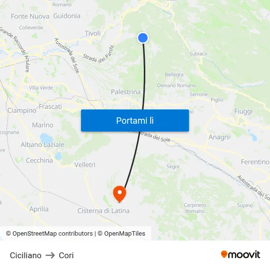 Ciciliano to Cori map