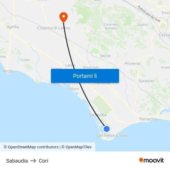 Sabaudia to Cori map