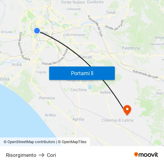 Risorgimento to Cori map