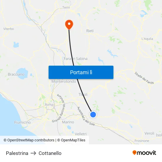 Palestrina to Cottanello map
