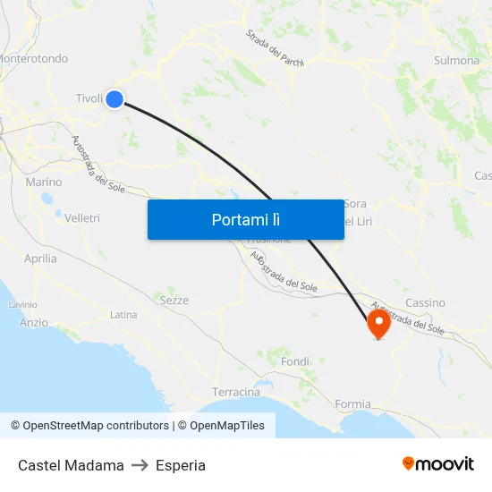 Castel Madama to Esperia map