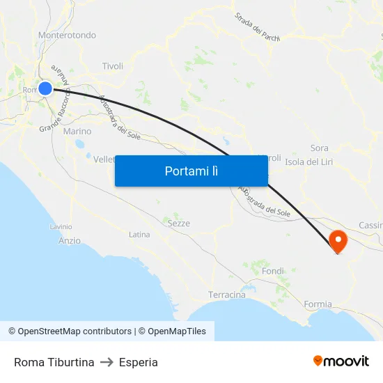 Roma Tiburtina to Esperia map