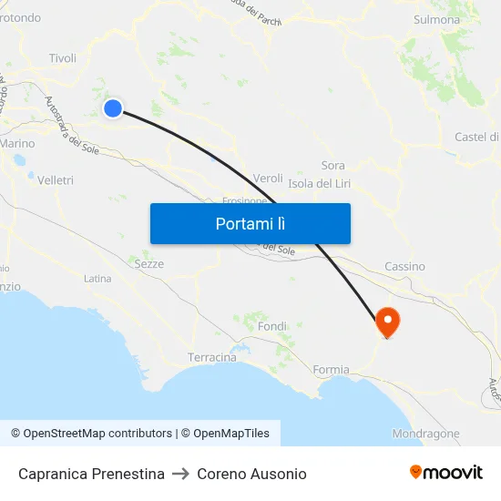 Capranica Prenestina to Coreno Ausonio map