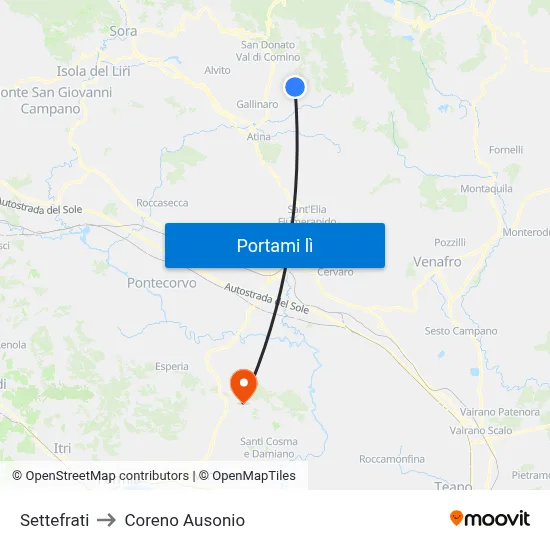 Settefrati to Coreno Ausonio map