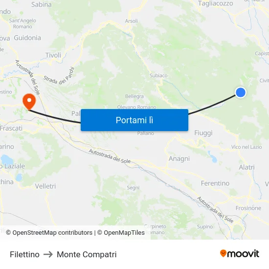 Filettino to Monte Compatri map