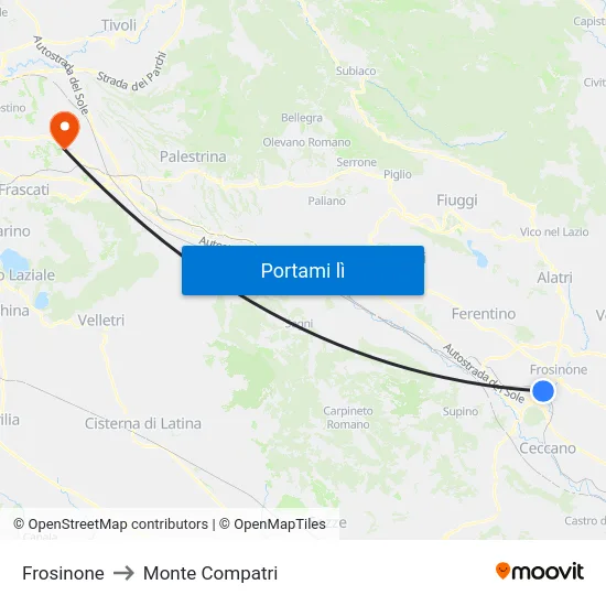 Frosinone to Monte Compatri map