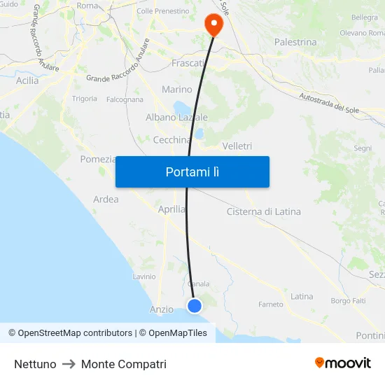 Nettuno to Monte Compatri map