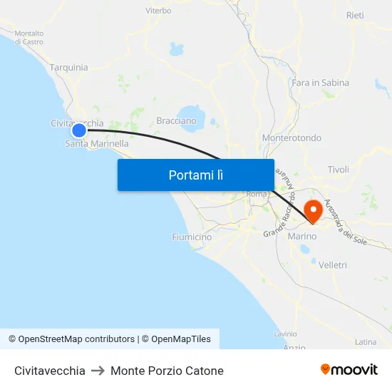 Civitavecchia to Monte Porzio Catone map