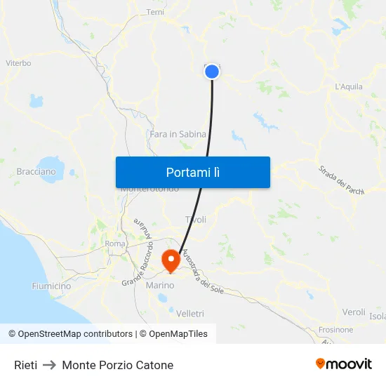 Rieti to Monte Porzio Catone map