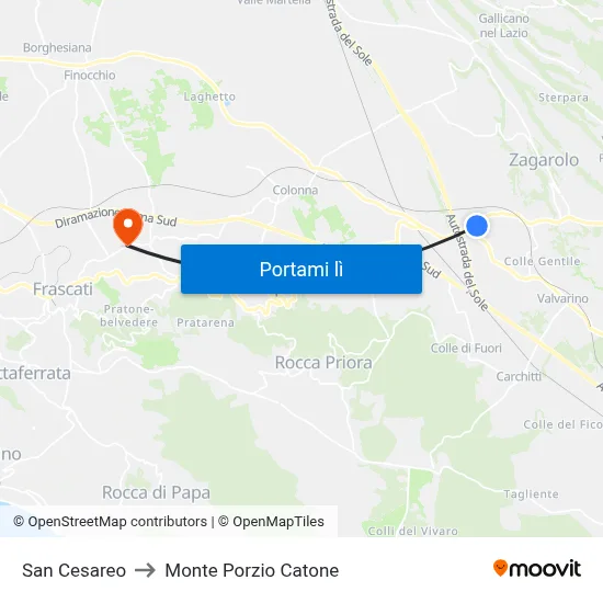 San Cesareo to Monte Porzio Catone map