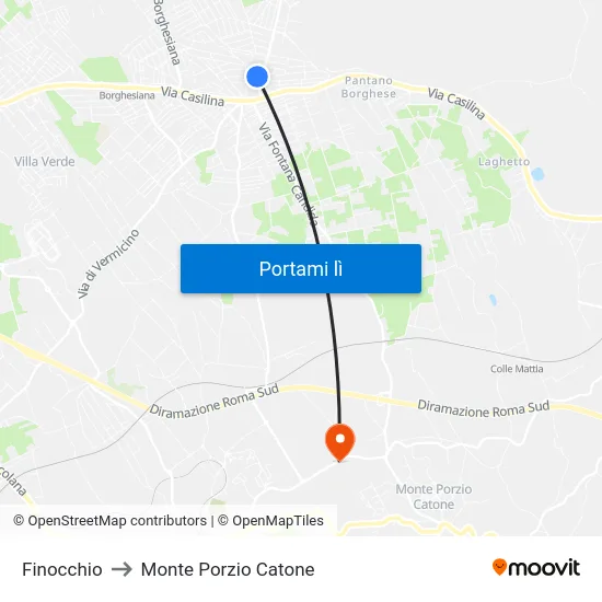 Finocchio to Monte Porzio Catone map